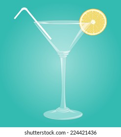 Empty glass for martini with lemon and plastic tube on blue background