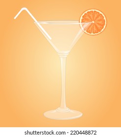 Empty glass for martini with orange and plastic tube