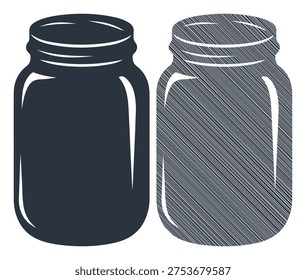 Empty glass mason jar icon, presented solid and with hatched texture