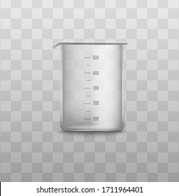 Vidrio medidor de vidrio vacío con escalas numéricas aisladas sobre fondo transparente, recipiente plástico transparente realista para medición de cantidad, ilustración vectorial