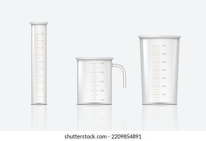 Empty glass measuring cups set with number scales isolated on transparent background. Realistic clear plastic container for quantity measurement. 3d vector illustration