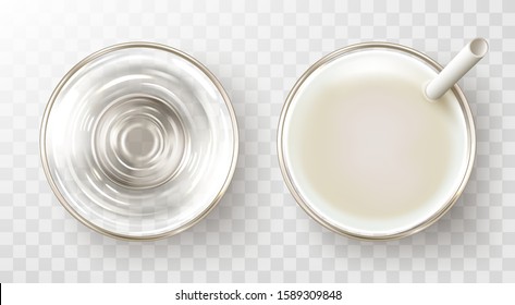 Empty glass and glass of milk with straw isolated on transparent background. Top view vector illustration