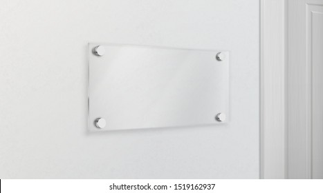 Empty glass name plate bolted to wall near doorway. Poster, banner empty holder, picture transparent frame mock-up. Office, exhibition gallery interior design element 3d realistic vector illustration svg