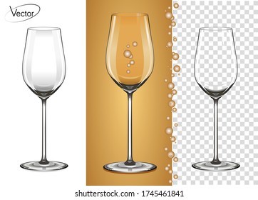 Empty glass on a transparent background and on an amber background. Glass for white wine and champagne with bubbles. Tableware for drinks made of glass. Realistic, highly detailed layout. 3d, vector.
