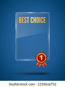 Empty glass panel banner with red award label on a blue background. Vector.