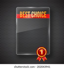 Empty glass panel banner with red award label on a dark background. Vector.