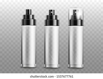 Empty glass perfume spray bottle mockup set - from front and back view with and without a lid. Clear plastic container template for modern beauty product - vector illustration.