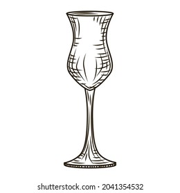 Empty glass pisco engraved style isolated on white background. Vintage sketch black outline close up. Vector illustration design
