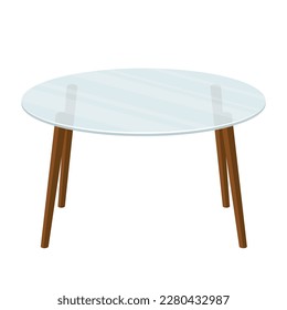 Empty glass round office table on metal legs isolated on white background. Modern transparent coffee table icon. Furniture vector illustration