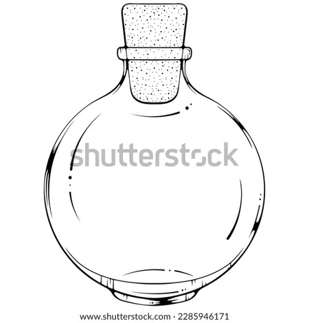 Empty glass round vial. Bottle for a potion or alchemy with a cork. Vector illustrations in hand drawn sketch style isolated on white. Black outline graphics for print, coloring book, logo, tattoo