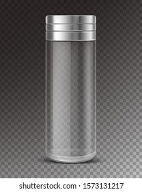 Empty glass salt shaker with metal cap isolated on transparent background. Vector realistic clear bottle salt cellar for sodium chloride, pepper and spice in front view