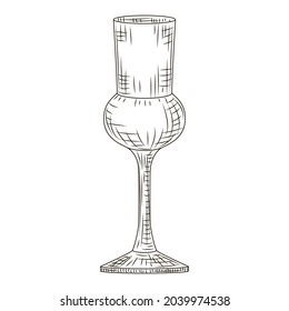 Empty glass schnapps engraved style isolated on white background. Vintage sketch black outline close up. Vector illustration design.
