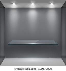 Empty glass shelf in room, illuminated by searchlights. Part of set. Vector interior.