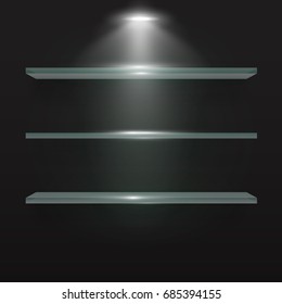 Empty glass shelves with light on black wall. Realistic 3d vector illustration.