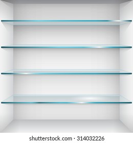 Empty glass shelves on wall. Vector Illustration