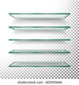 Empty Glass Shelves Template Vector Set. Realistic Transparent Blue Glass Shelving Bar On Light Checkered Background Illustration