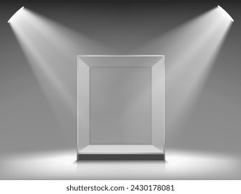 Empty glass showcase or glass cub is illuminated with spotlights. Stock vector illustration