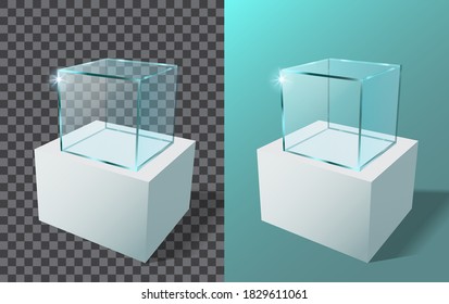 Empty glass showcase in cube form. 3d vector realistic glass square showcase. 