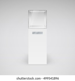 Empty Glass Showcase In Cube Form For Presentation On White