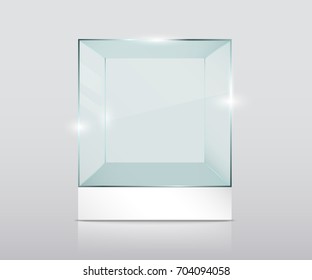 Empty Glass Showcase in Cube Form. Empty transparent glass cube