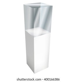 Empty glass showcase for exhibit. 3D Vector illustration isolated on white background. Trade show booth white and blank pedestal with glass box for expo design. 