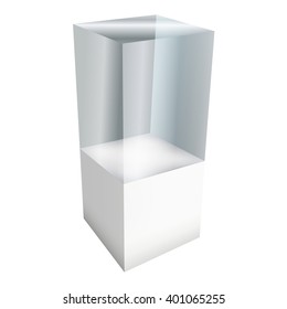 Empty glass showcase for exhibit. 3D Vector illustration isolated on white background. Trade show booth white and blank pedestal with glass box for expo design. 