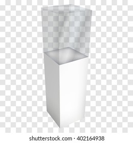 Empty glass showcase for exhibit. 3D Vector illustration on transparent white background. Trade show booth white and blank pedestal with glass box for expo design. 
