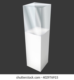 Empty glass showcase for exhibit. 3D Vector illustration on black background. Trade show booth white and blank pedestal with glass box for expo design. 