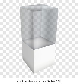 Empty glass showcase for exhibit. 3D Vector illustration on transparent white background. Trade show booth white and blank pedestal with glass box for expo design. 