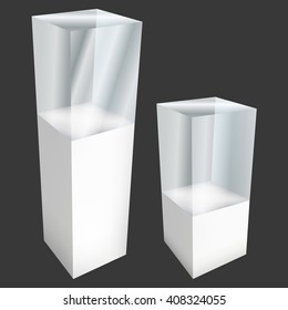 Empty glass showcase for exhibit. 3D Vector illustration on black background. Trade show booth white and blank pedestal with glass box for expo design. 