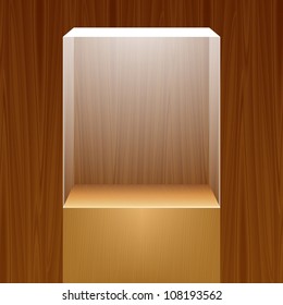 Empty glass showcase for exhibit on wooden background. Vector illustration.