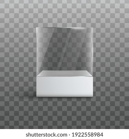 Empty glass showcase mockup isolated on transparent background. Clear cube box with blank space on white display, vector illustration of realistic exhibit stand mock up.