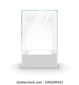 Empty Glass Showcase On Pedestal. Museum Glass Box Isolated Advertising Or Business Design Boutique.