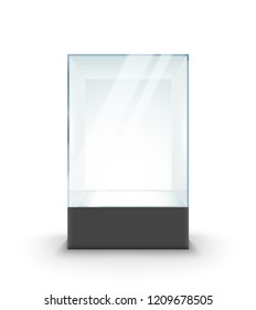 Empty Glass Showcase On Pedestal. Museum Glass Box Isolated Advertising Or Business Design Boutique.