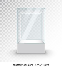 Empty Glass Showcase On Pedestal. Museum Glass Box Isolated Advertising Or Business Design Boutique