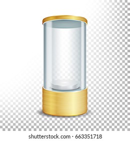 Empty Glass Showcase Podium With Spotlight And Sparks. Round Gold Blank For Exhibit And Display Your Product. Vector Realistic Illustration. Transparent Background
