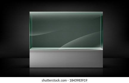 Escaparate de vidrio vacío para presentación aislado en fondo negro. Lugar de exposición de vidrio para la presentación. Ilustración del vector