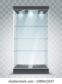 Empty glass showcase. Store shelving with spotlights, transparent wall glass cabinet with shelves for shop vector illustration