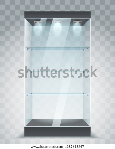 Empty glass showcase. Store shelving with\
spotlights, transparent wall glass cabinet with shelves for shop\
vector illustration