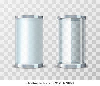 Empty glass showcase tubes of transparent glossy glass and frosted glass. Mockup object in shape of cylinder, vector illustration