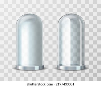 Empty glass showcase tubes of transparent glossy glass and frosted glass. Mockup object in shape of cylinder, vector illustration