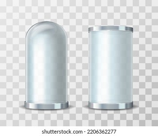 Empty glass showcase tubes of transparent frosted glass. Mockup object in shape of cylinder, vector illustration