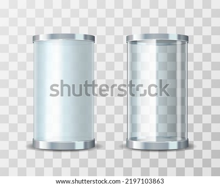 Empty glass showcase tubes of transparent glossy glass and frosted glass. Mockup object in shape of cylinder, vector illustration