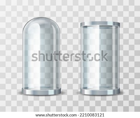 Empty glass showcase tubes of transparent glossy glass. Mockup object in shape of cylinder, vector illustration