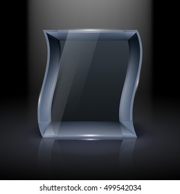 Empty Glass Showcase in Wave Form for Presentation on Black Background