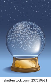 An empty glass snow globe on a wooden base with a shiny bronze plate. An editable template for your christmas design. EPS10 vector illustration. 