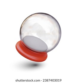 Empty glass snow globe on white background. Podium under transparent glass dome with white snowdrift. Stand for promotion product. Christmas gifts for child. Vector illustration in 3d style