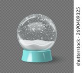 Empty glass snowglobe with falling snowflakes and white snow on transparent background. Winter festive decoration for Christmas or New Year design. Vector illustration.