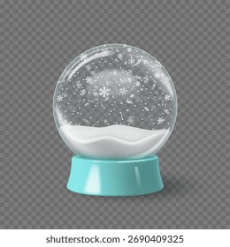 Leerer Schneekugel aus Glas mit fallenden Schneeflocken und weißem Schnee auf transparentem Hintergrund. Winterfestliche Dekoration für Weihnachten oder Neujahr Design. Vektorgrafik.