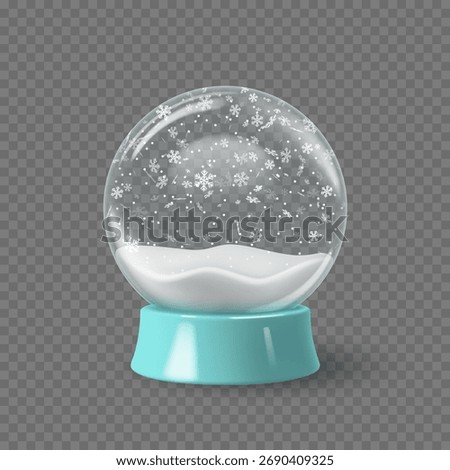 Empty glass snowglobe with falling snowflakes and white snow on transparent background. Winter festive decoration for Christmas or New Year design. Vector illustration.
